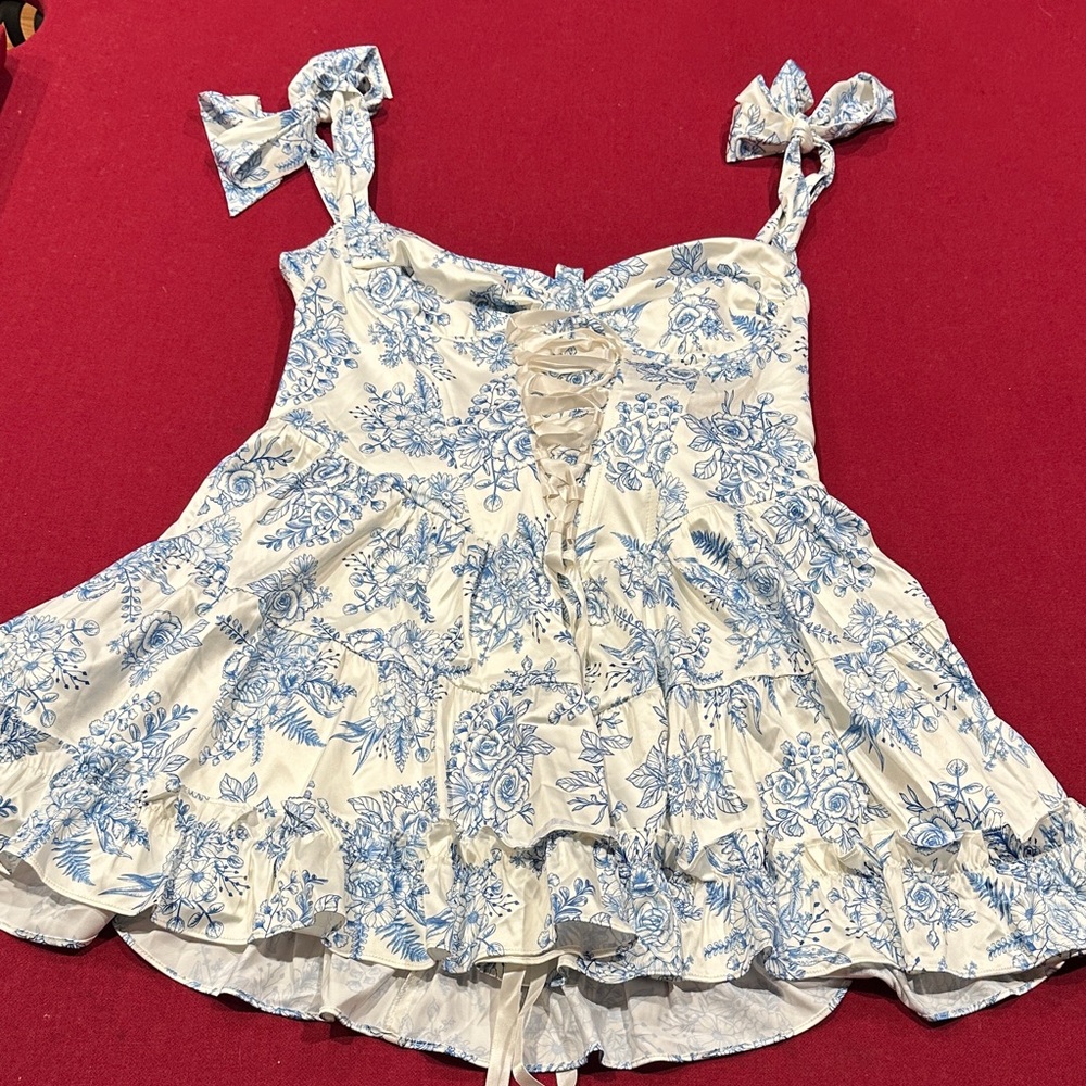 Sugar Thrillz Cream and Blue Floral Tie-Front Ruffle Mini Dress